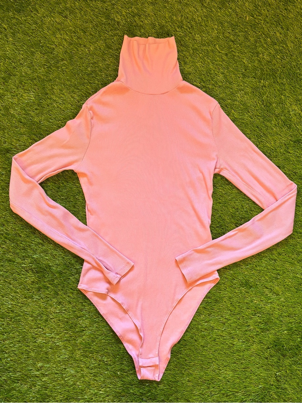 H&M Pink Ribbed Turtleneck Long Sleeve Bodysuit Thumb Holes Small